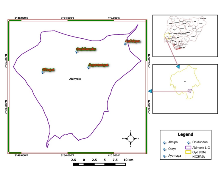 Map of Akinyele Local Government Area showing the villages where the survey was conducted